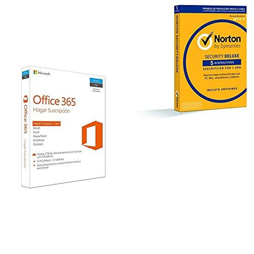 Microsoft Office 365 - Paquete Hogar, Para 5 PCs/Macs + 5 tabletas, 1 año + Norton Security Deluxe 2018 - 5 Dipositivos