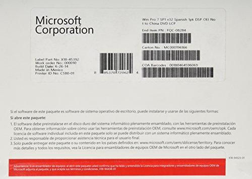 Microsoft Windows 7 Professional Sp1 - Licencia Y Soporte OEM, Español, 1 PC, 32-Bit