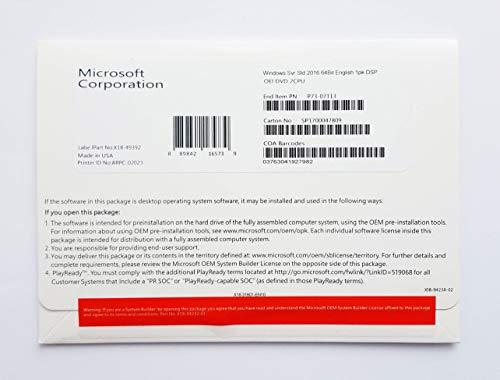 Microsoft Windows Server 2016 Standard - Sistemas operativos (Fabricante de equipos originales (OEM), 32 GB, 0,512 GB, 1,4 GHz, Inglés, DVD)