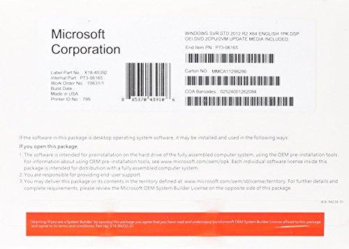 Microsoft Windows Server 2012 Standard 64-bit - Sistemas operativos (Original Equipment Manufacturer (OEM), 32 GB, 0,5 GB, Pentium, 1,4 GHz, Inglés)