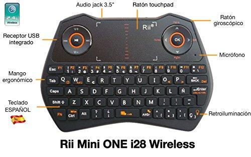 Rii Mini ONE i28 Wireless (layout Español) - Mini teclado ergonómico retroiluminado con doble ratón touchpad y giroscópico, micrófono y conector de audio 3.5" para Smart TV, Mini PC Android, PlayStation, Xbox, HTPC, PC, Raspberry Pi