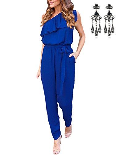 MODETREND Mujer Mono Jumpsuits Elegante One-hombro Bodysuit Verano Pantalones Largos para Fiesta Playa Beachwear y Clubwear Azul XL