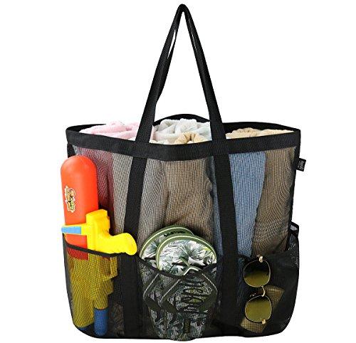 Bolsa grande de malla de playa, mosquetón, bolsa de cordón con 6 bolsillos, bolsa de almacenamiento de juguetes de arena, bolsa plegable plegable de compras, bolsa de almacenamiento de comestibles, bo