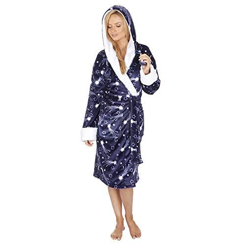Mujer Polar Muy Suave Capucha Estampado Estrellas Bata Pijama - Azul Marino, Large