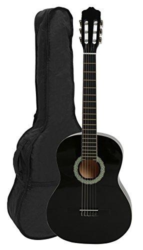 NAVARRA NV12 Guitarra clásica 4/4 negro con bordes crema incl. funda con correas tipo mochila y bolsillo para partituras/accesorios, 2 Púa