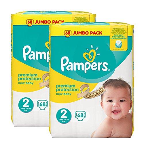 Pampers Pañales New Baby Jumbo Pack, tamaño 2, 2 x 68 unidades)
