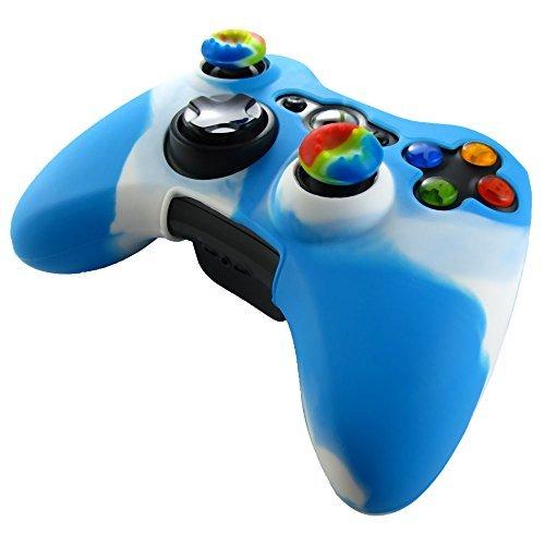Pandaren Piel silicona para Xbox 360 Controller (azul + blanco) + pulgar tapa palo agarre x 2