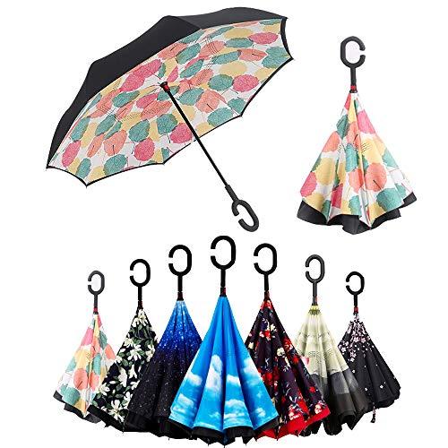 Paraguas Invertido, Paraguas Plegable, Reversible, con protección contra Rayos UV, con Mango en Forma de C Invertida. Paraguas de Doble Capa a Prueba de Viento (106 cm) (Foglia di Acero)
