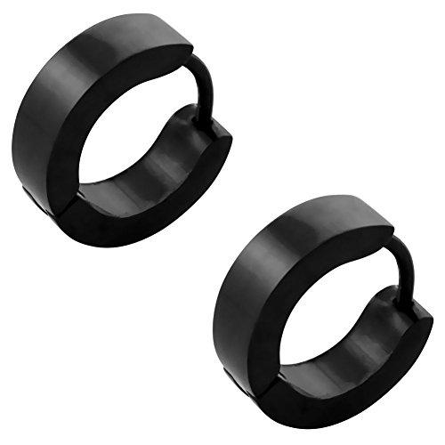 2 pcs pendientes de aro pendientes negro clásico. Plegable-Pendientes de aro de acero inoxidable 4 mm de ancho. (1 par)