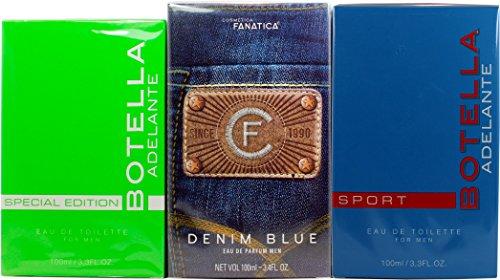 Set de Tres perfumes franceses para Hombre de 100ml cada uno Botella Special Edition by Adelante , Fundamentals By Black Onix, Denim Blue.3 Regalos de Primera Calidad de lujo al mejor precio. Envasados en forma individual.