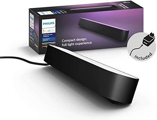 Philips Hue Play Barra de luz regulable compatible con Amazon Alexa, Apple HomeKit y Google Home, luz blanca y de colores, requiere conexión a puente Hue, negra, incluye alimentador (1 unidad)