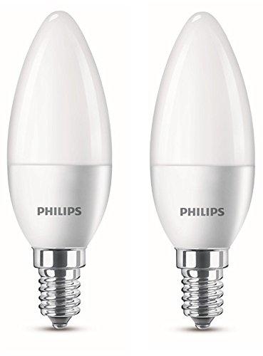 Philips Bombilla LED Vela E14, 4 W equivalentes a 25 W en incandescencia, 250 lúmenes, luz blanca cálida, pack de 2