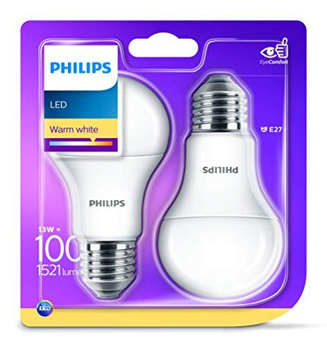Philips Bombilla LED estándar E27, 13 W equivalentes a 100 W en incandescencia, 1521 lúmenes, luz blanca cálida, pack de 2