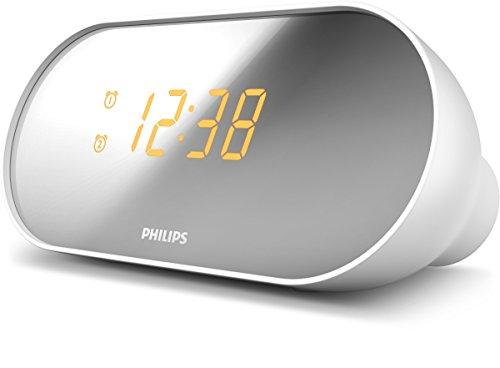 Philips AJ2000 - Radio Reloj Alarma Dual (Pantalla Espejo, Radio Digital), Color Blanco