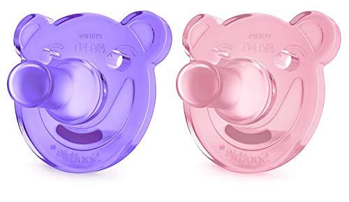 Philips Avent Soothie - Pack de 2 Chupetes calmantes de silicona médica, sin BPA, de 0 a 3 meses, niña, color morado y rosa