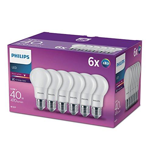 Philips - bombilla E27, rosca Edison, LED, 230 V ? blanco cálido, efecto escarchado, sintético, E27, 5.5 wattsW 240 voltsV