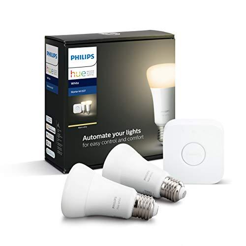 Philips Hue White Ambiance Pack de 2 bombillas LED inteligentes E27 y puente, luz blanca cálida , compatible con Bluetooth y Zigbee, funciona con Alexa y Google Home
