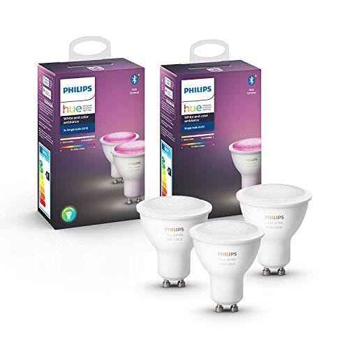 Philips Hue White and Color Ambiance Pack 2 bombillas LED inteligentes GU10 + Philips Hue White and Color Ambiance bombilla LED inteligente GU10, luz blanca y de colores