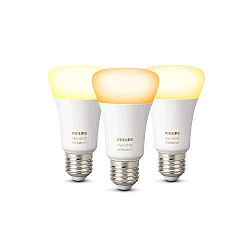 Philips Hue White Ambiance - Pack de 3 bombillas LED E27, 9.5 W, iluminación inteligente, tonos de luz blanca cálida y fría regulable (compatible con Amazon Alexa, Apple HomeKit y Google Assistant )
