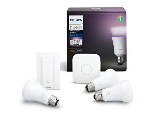 Philips Hue White and Color Ambiance - Kit de 3 bombillas LED E27 con puente y mando, 9.5 W, iluminación inteligente, cambian de color, compatible con Amazon Alexa, Apple HomeKit y Google Assistant