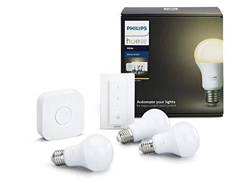 Philips Hue Hue White Kit LED E27 interruptor, 9W, iluminación inteligente, luz blanca cálida regulable, compatible con Apple Homekit y Google Home, 9 W, 3 Bombillas + Puente + Mando