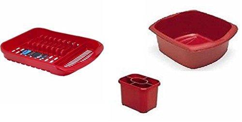Addis barreño de plástico tostados rojo escurreplatos escurridor para platos soporte para cubiertos conjunto de 3