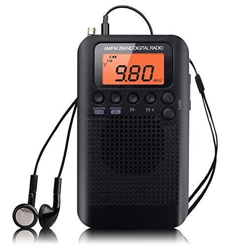 Radio Portátil Pequeña Mini Radio de Bolsillo Am FM Estéreo Sintonización Digital Radio con Altavoz de Sonido Reloj Despertador y Temporizador Auricular (Negro-NV)