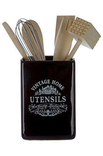 Premier Housewares - Utensilios de Cocina con Soporte Cuadrado, (Estilo Antiguo), Color Negro con Texto en Ingles, cerámica - Gama Vintage Home