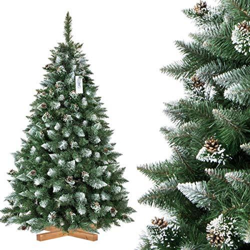 FairyTrees Árbol de Navidad Artificial Pino, Natural Blanco nevado, Material PVC, piñas verdaderas, Soporte de Madera, 180cm, FT04-180