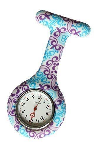 Reloj Médico Reloj Prendedor de Broche de Túnica de Paramédico Doctor Enfermera Silicón de Flores Geométricas Azul & Morado