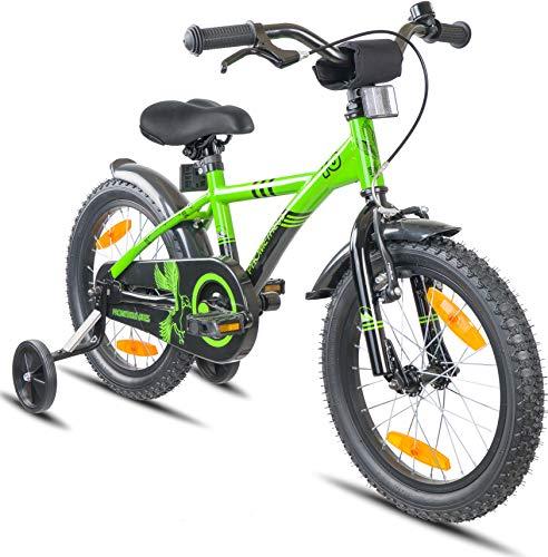 Prometheus Bicicleta Infantil | 16 Pulgadas | niño y niña | Verde Negro | A Partir de 5 años | con ruedines y Freno de contrapedal | 16" Modelo BMX 2019
