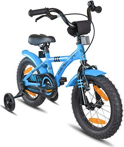 Prometheus Bicicleta Infantil | 14 Pulgadas | niño y niña | Azul Negro | A Partir de 4 años | con ruedines y Freno de contrapedal | 14" Modelo BMX 2019
