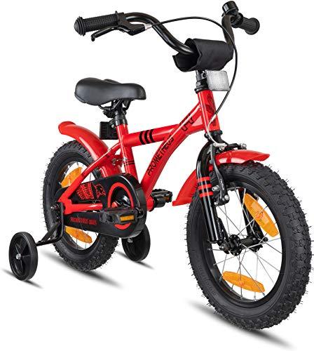 Prometheus Bicicleta Infantil | 14 Pulgadas | niño y niña | Rojo Negro | A Partir de 4 años | con ruedines y Freno de contrapedal | 14" Modelo BMX 2019