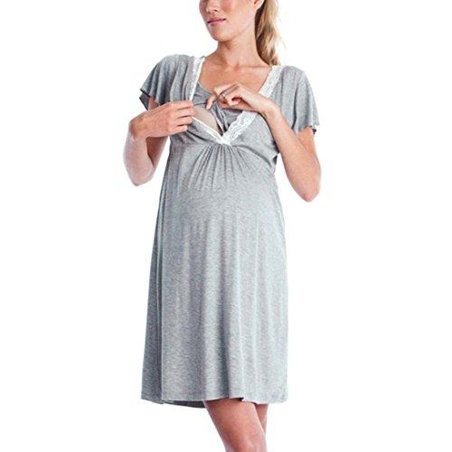 QinMM Vestido de Lactancia Maternidad de Noche Camisón Mujeres Embarazadas Ropa de Dormir Premamá Pijama Verano Encaje (Gris, XL)
