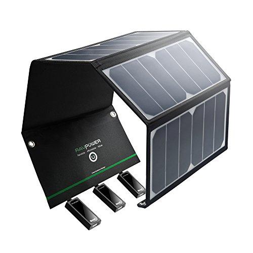 RAVPower 24W Cargador Panel Solar, 3 Puertos USB + 4 Ojales y Ganchos de Acero Inoxidable y 2 Portátil Micro-USB Potente Cables Impermeables para iPhone, Android, etc.
