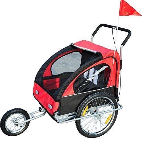 Remolque para Niños 2 PLAZAS con Amortiguadores Carro para Bicicleta con Barra INCLUIDA y Kit de Footing Color Rojo Y Negro