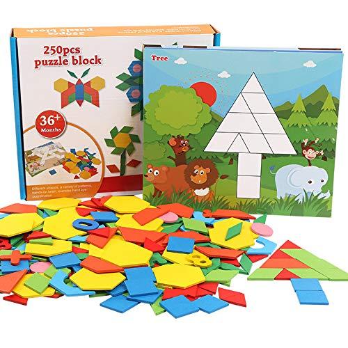 Bloques de madera del rompecabezas del modelo,250 piezas Vistoso Geometría Forma Jigsaw bloques , con el número 0-9 y 10 tarjetas de formas, Educativo Juguetes de desarrollo de para niños niños