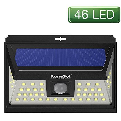 Luces 46 LED Runesol® con sensor | Lámpara Solares Con 46 Luces LED | Luz LED con Focos Para Iluminar Exteriores, Patios, Cercas, De Jardin, Entradas | Panel De Seguridad LED | Luz Solar