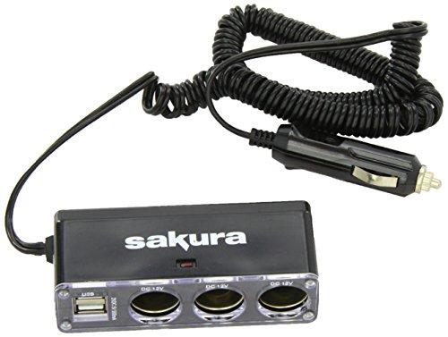 Sakura SS5105 Alargador para mechero de coche, 12V, 3 Enchufes de Mechero y 2 Puertos USB