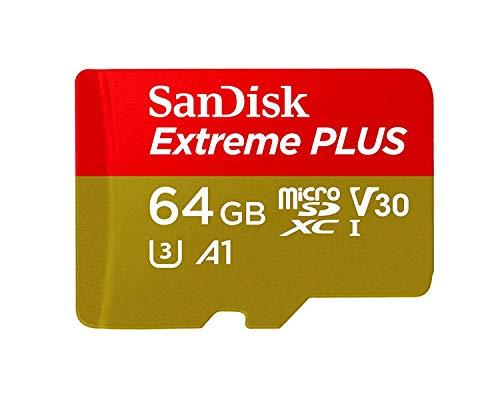 SanDisk Tarjeta de Memoria Extreme Plus 64 GB microSDXC para Smartphone, tabletas y cámaras MIL + Adaptador SD, Velocidad de Lectura hasta 100 MB/s, Clase 10, U3, V30 y A1