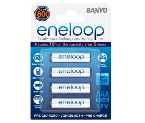 Sanyo Eneloop - Pack de 4 pilas recargables (NiMh, AAA, 750 mAh), blanco