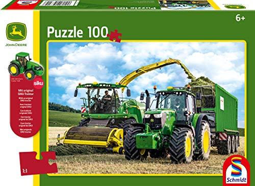 Schmidt Spiele Puzzle 56315 John Deere 6195 M y Quemador häcksler 8500i, 100 Piezas Infantil Puzzle con Siku Tractor