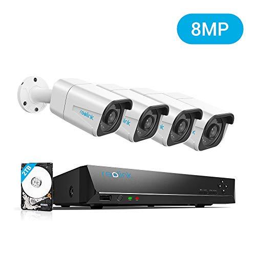 Reolink 4K Ultra HD Sistema de Cámaras de Seguridad 8CH PoE, con 4X 8MP Cámaras IP PoE Exterior y 8 Canales 2TB HDD NVR Kit de Video Vigilancia, Grabación 24/7 Visión Nocturna RLK8-800B4