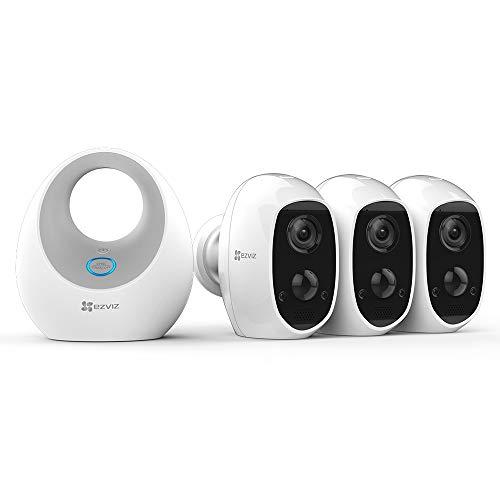 EZVIZ C3A - Cámara con Batería, Sistema de Seguridad y Vídeo Vigilancia, Triple Pack con W2D, WiFi 2.4GHz 1080p FHD, Exterior/Interior, Visión Nocturna, Audio Bidireccional y Recargable