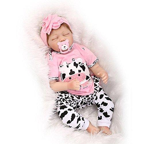 Bebé reborn de silicona suave, modelo durmiendo realista, con diadema con flor y estampado de vaca, 55 cm, niño/a