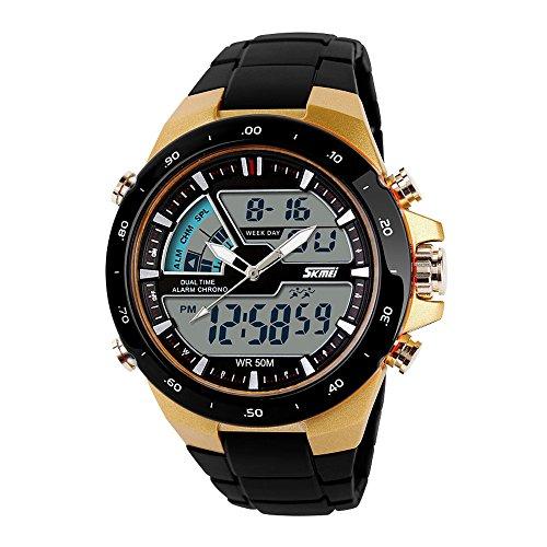 SKMEI - hombre reloj deportivo digital con LED luz de fondo grande cara resistente al agua militar relojes casuales luminoso cronómetro alarma reloj simple militar ? dorado