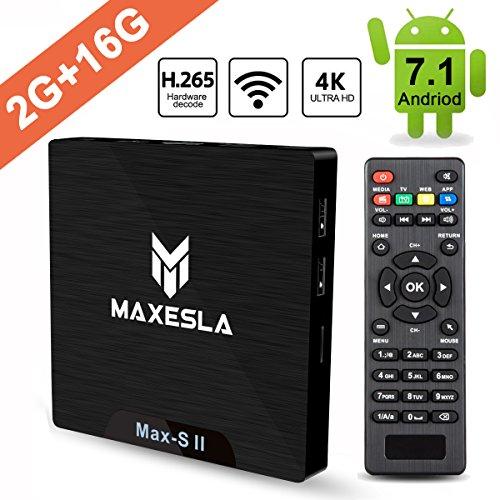 Smart TV BOX Android 7.1 - Maxesla MAX-S II Mini TV Box de 2GB RAM + 16GB ROM, 2018 Última CPU Amlogic S905W, WIFI 2.4GHz, Doble USB, H.265, HDMI & AV, 4K UHD Media Player