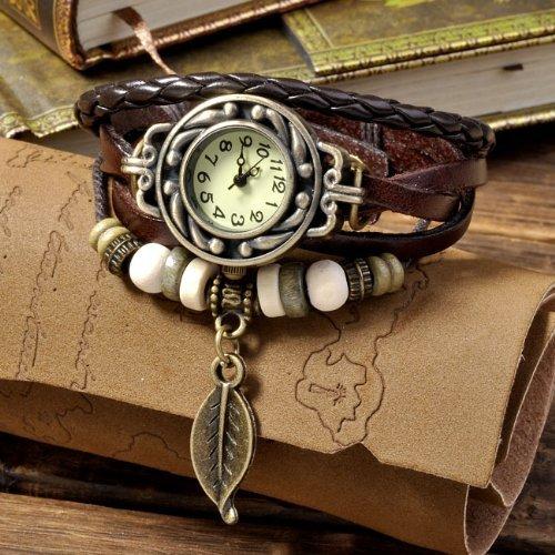 SODIAL(R) Reloj de Pulsera Cuarzo Cuero Trenzado Mariposa Retro para Mujer Vintage