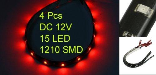 SODIAL(R) 4 x Tira de Luz LED Rojo Flexible Impermeable 30cm 15LED 3528 SMD CC 12V