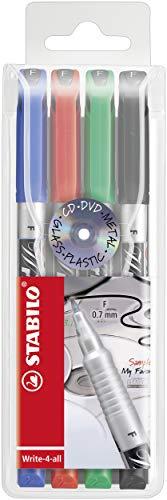 Marcador permanente STABILO Write-4-all - Caja con 10 unidades - Punta fina - Estuche con 4 colores